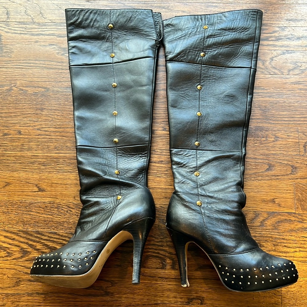 Black leather high boots with gold studs in size 9